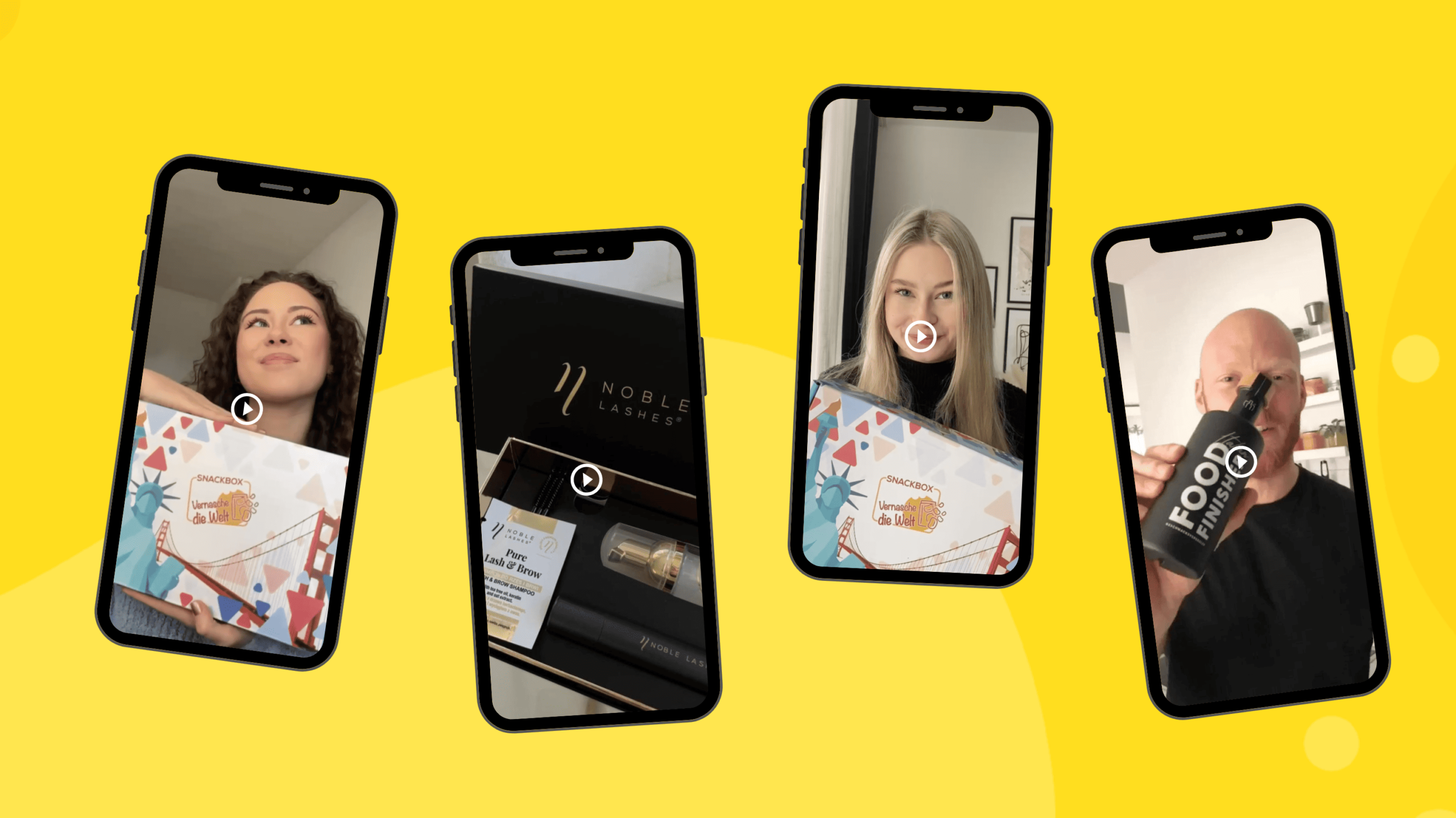 Gelbes Werbebanner mit 4 UGC-Videovorschauen