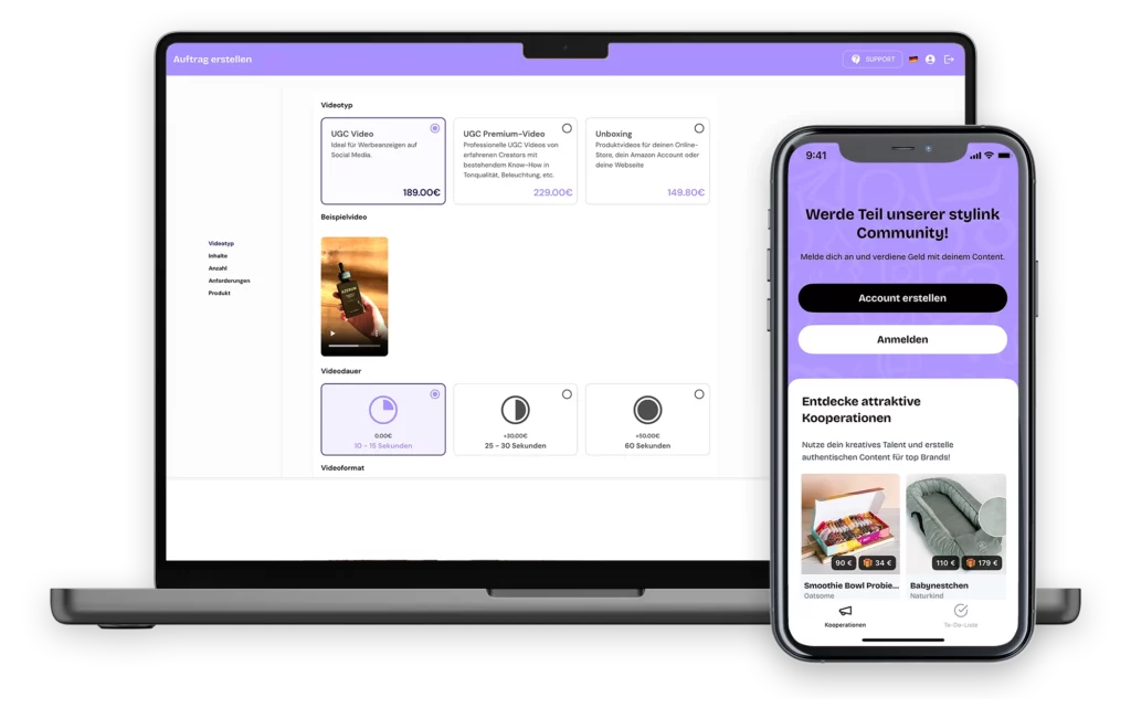 Premium-Mockup: MacBook und iPhone zeigen die Stylink UGC App im Einsatz – auf dem MacBook wird ein neuer Auftrag erstellt („Auftrag erstellen“), während das iPhone die Community-Einladung („Werde Teil unserer Stylink Community“) anzeigt.